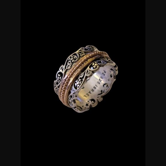 925 Sterling Silver Flower And Leaf 11.7mm Size 9 Two Tone Spinner Ring - Picture 4 of 10